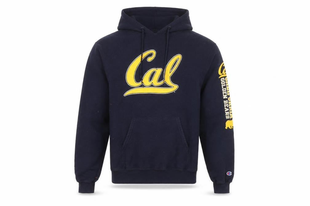 Front view of Champion Men’s Blue Cal Pullover Hoodie, size S, University Sportswear