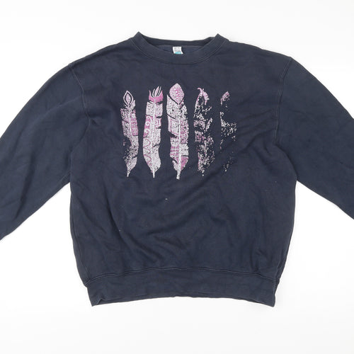 Lane Seven Womens Blue Sweatshirt M Pullover Crew Neck Feather Print