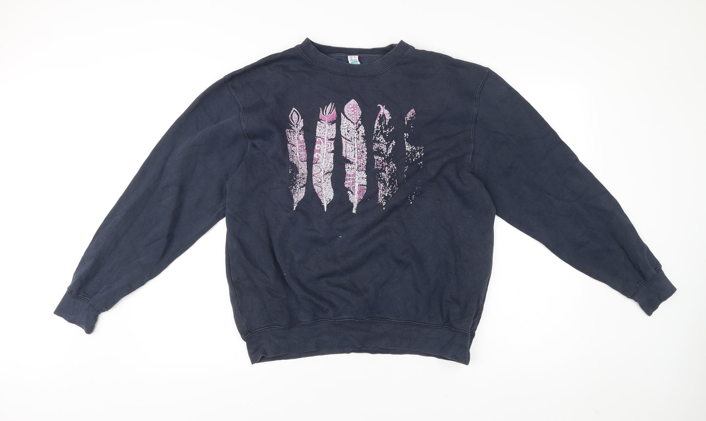 Lane Seven Womens Blue Sweatshirt M Pullover Crew Neck Feather Print