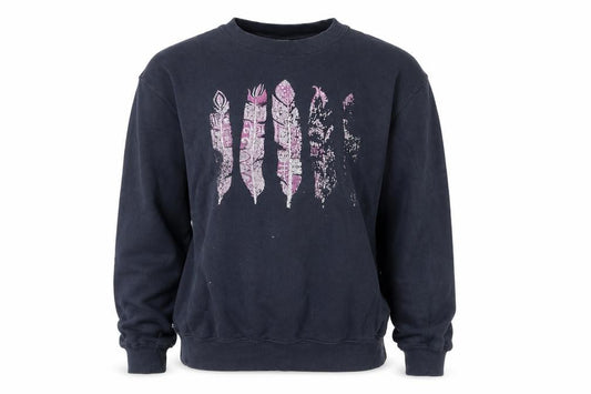 Front view of Lane Seven women’s blue sweatshirt m pullover crew neck feather print