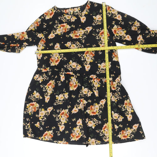 Zara Women’s Black Floral A-Line Dress Size 14 Long Sleeve Viscose