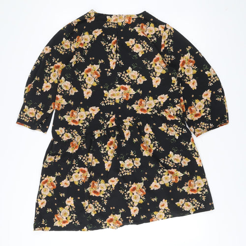 Zara Women’s Black Floral A-Line Dress Size 14 Long Sleeve Viscose