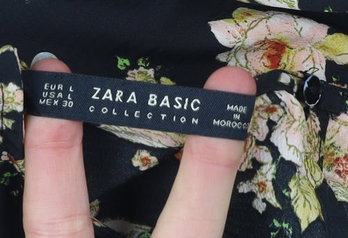 Zara Women’s Black Floral A-Line Dress Size 14 Long Sleeve Viscose