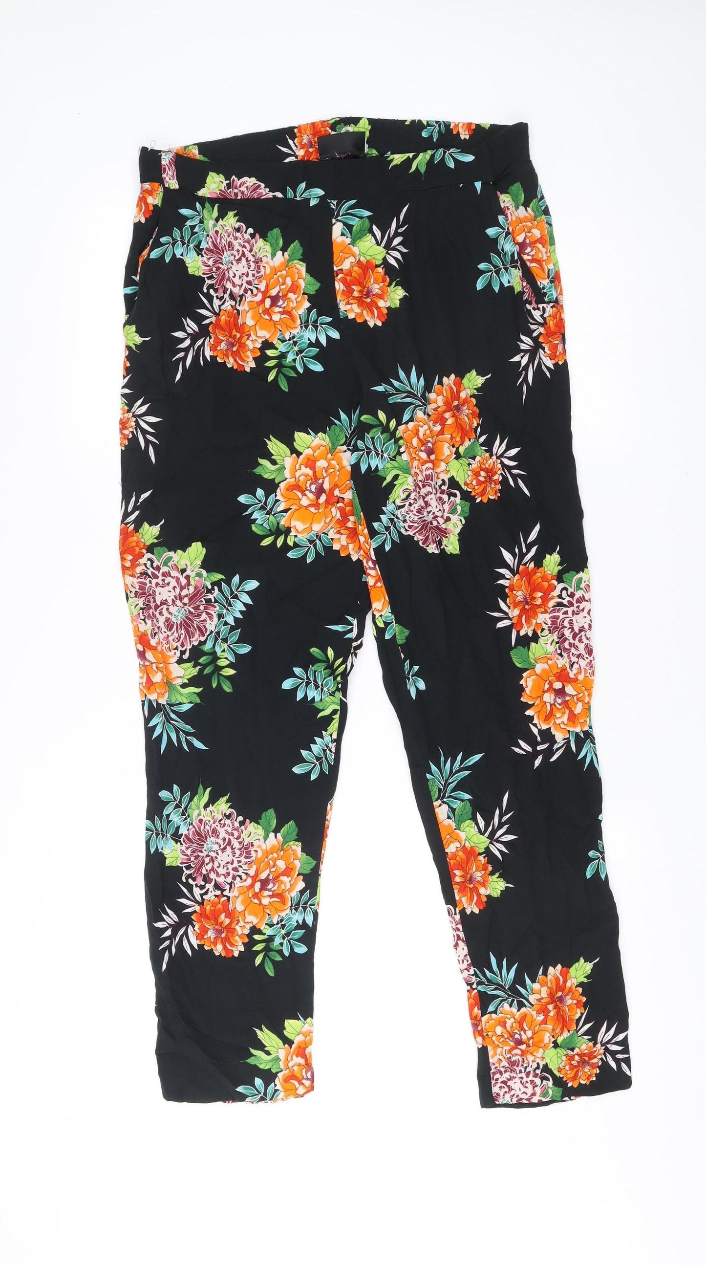 Wallis Women’s Black Floral Viscose Trousers UK 12 Relaxed Fit