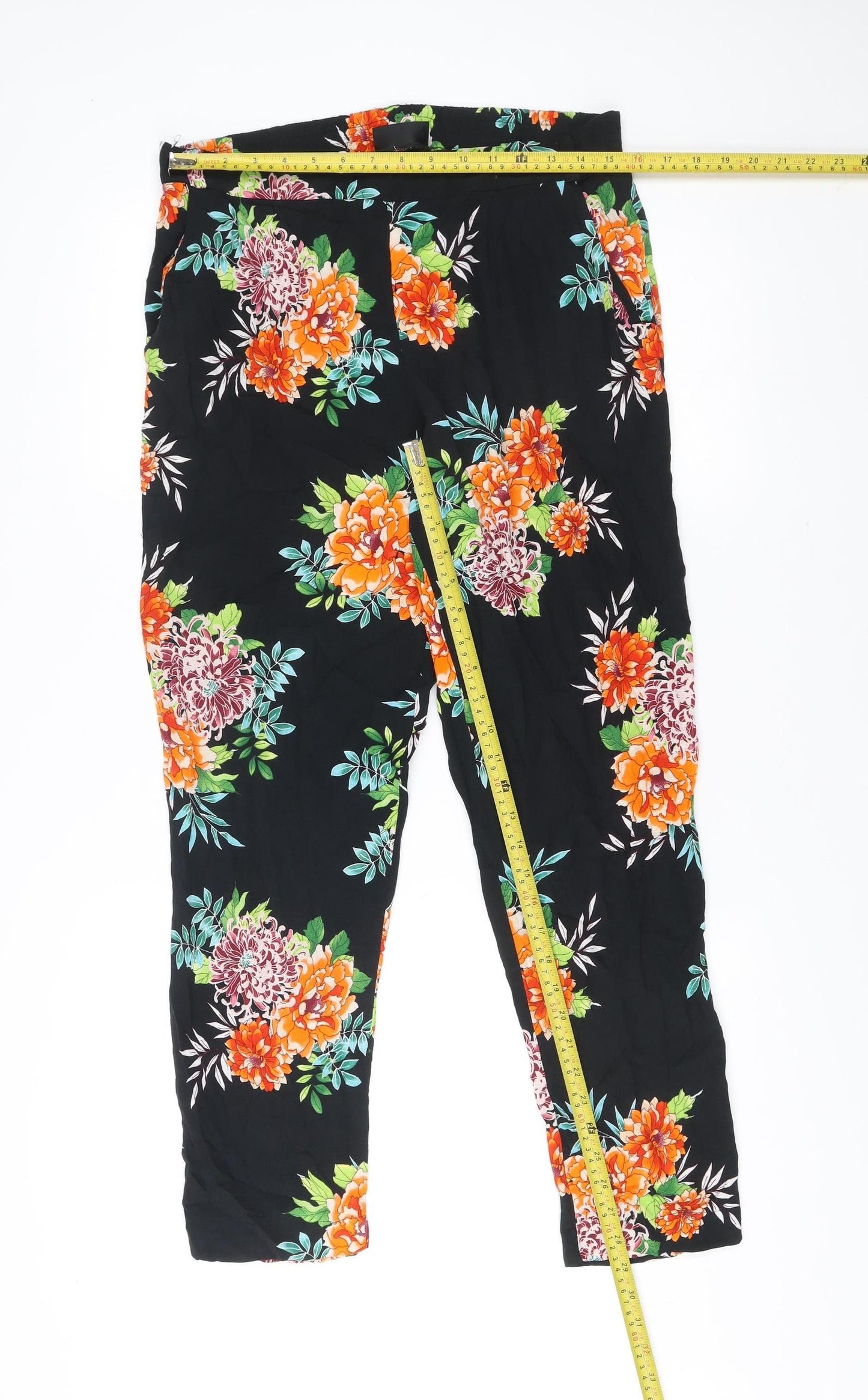 Wallis Women’s Black Floral Viscose Trousers UK 12 Relaxed Fit