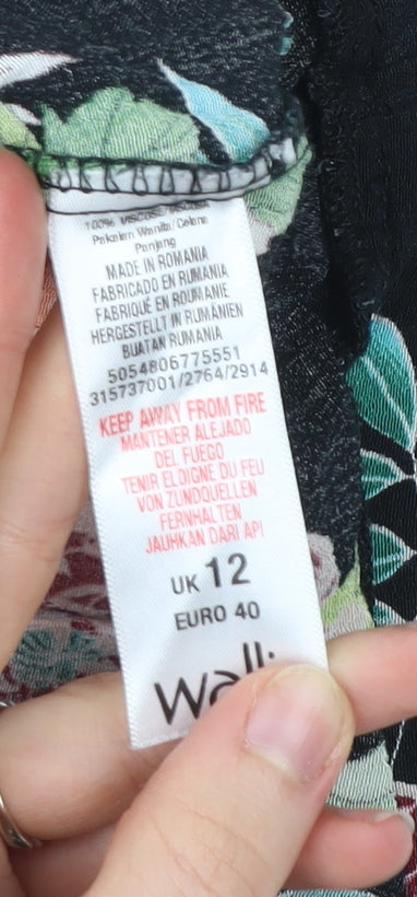 Wallis Women’s Black Floral Viscose Trousers UK 12 Relaxed Fit