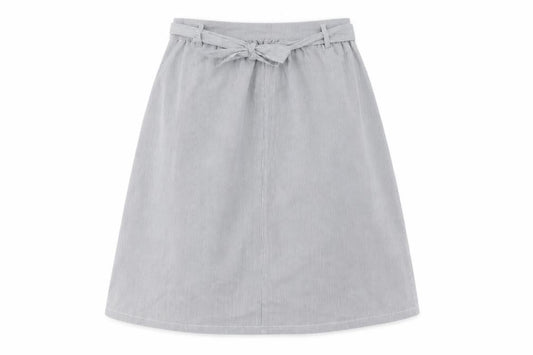 Front view of Oasis women’s grey striped a-line skirt, size UK 14, knee length cotton blend