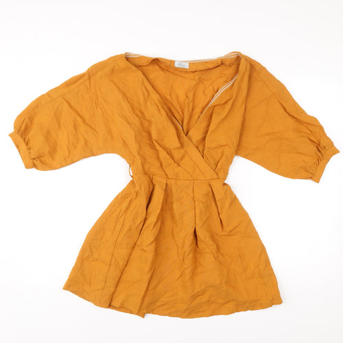 Oh Polly Women’s Yellow Wrap Dress Size 4 Short Puff Sleeve V-Neck