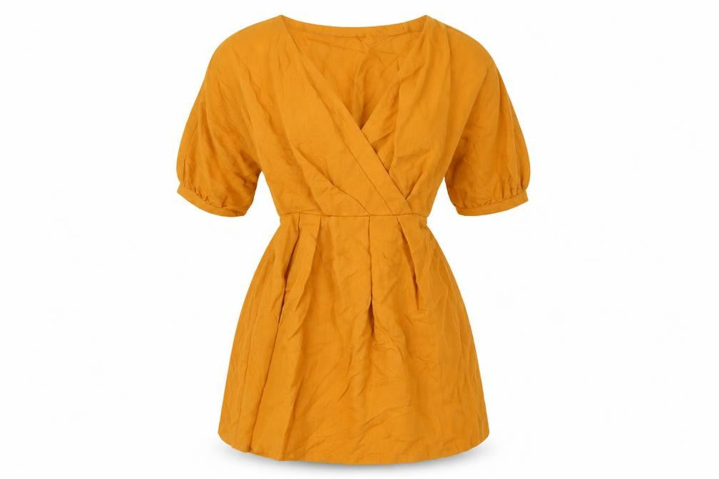 Oh Polly Women’s Yellow Wrap Dress Size 4 Short Puff Sleeve V-Neck