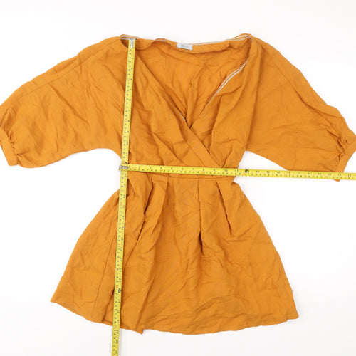 Oh Polly Women’s Yellow Wrap Dress Size 4 Short Puff Sleeve V-Neck