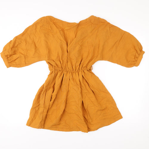 Oh Polly Women’s Yellow Wrap Dress Size 4 Short Puff Sleeve V-Neck