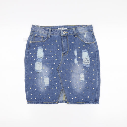 Cherry Koko Women’s Blue Denim Pencil Skirt L Beaded Distressed