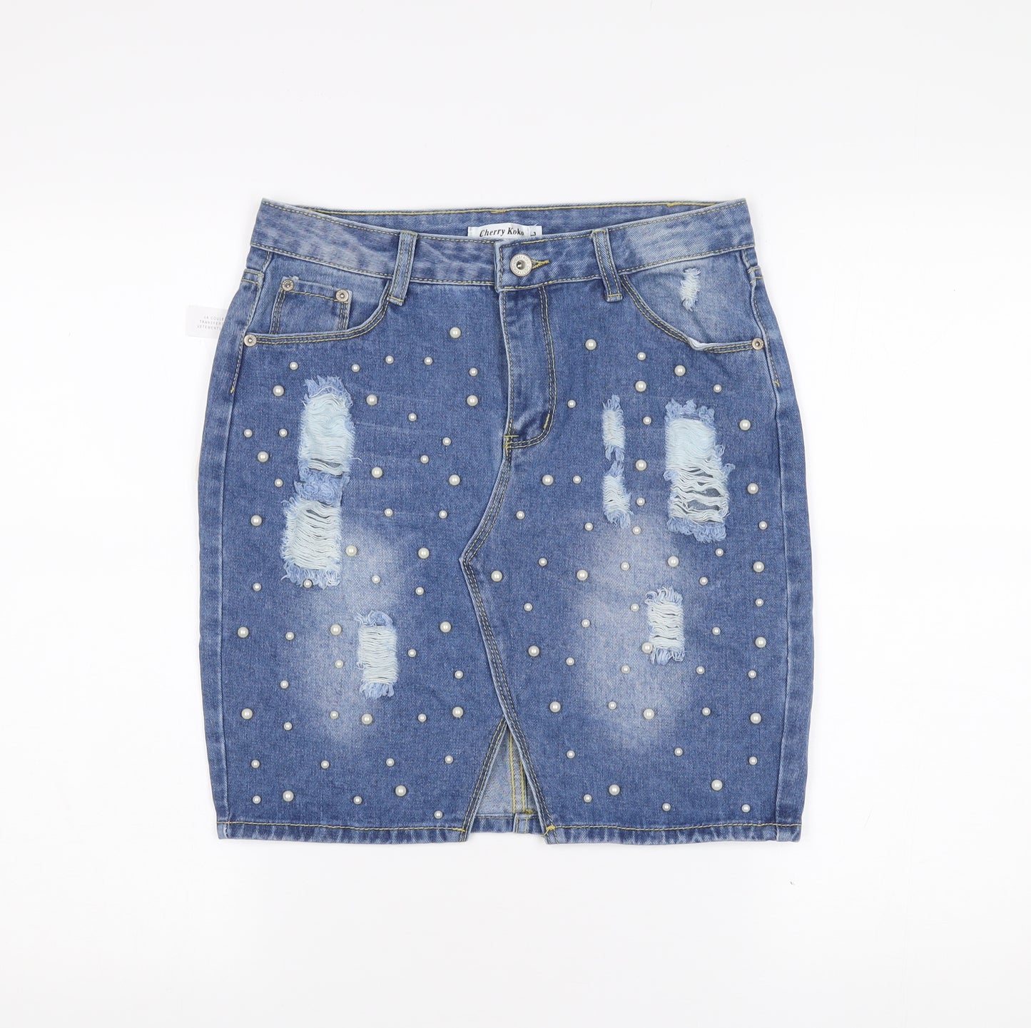 Cherry Koko Women’s Blue Denim Pencil Skirt L Beaded Distressed