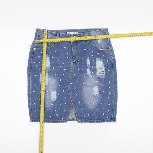 Cherry Koko Women’s Blue Denim Pencil Skirt L Beaded Distressed