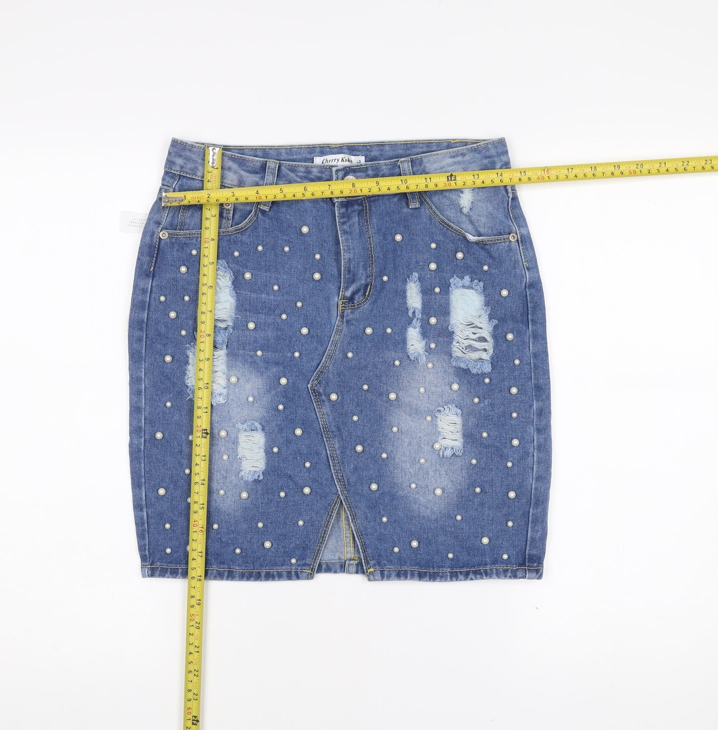 Cherry Koko Women’s Blue Denim Pencil Skirt L Beaded Distressed