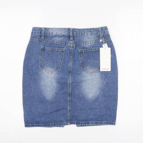 Cherry Koko Women’s Blue Denim Pencil Skirt L Beaded Distressed