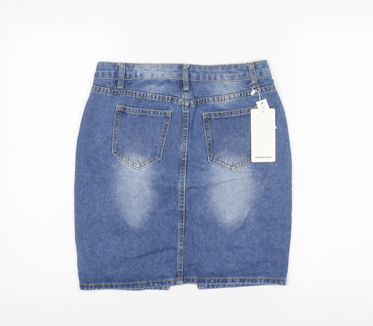 Cherry Koko Women’s Blue Denim Pencil Skirt L Beaded Distressed