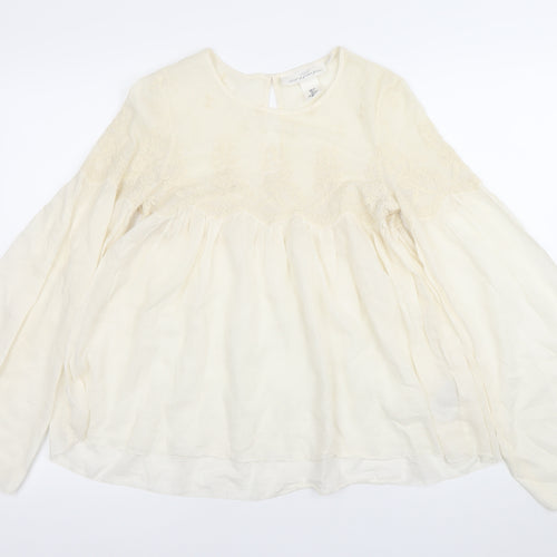 H&M Women Ivory Embroidered Boho Tunic Blouse Size 8 Long Sleeve