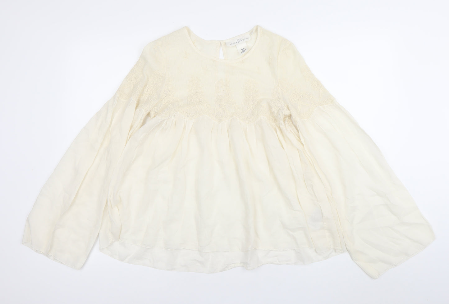 H&M Women Ivory Embroidered Boho Tunic Blouse Size 8 Long Sleeve