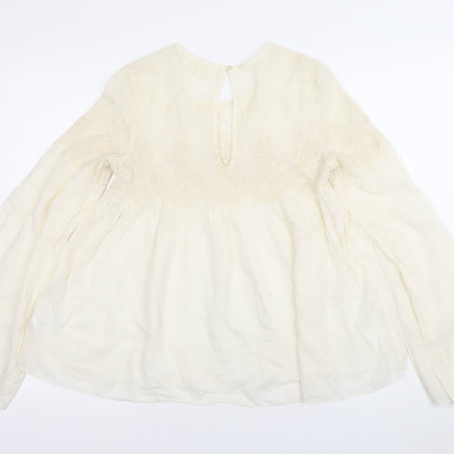 H&M Women Ivory Embroidered Boho Tunic Blouse Size 8 Long Sleeve