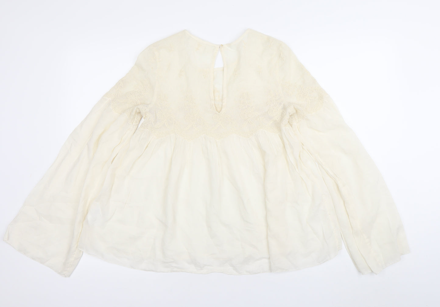 H&M Women Ivory Embroidered Boho Tunic Blouse Size 8 Long Sleeve
