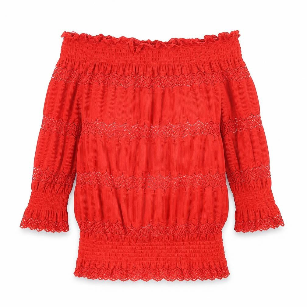 Front view of River Island women’s red off shoulder lace blouse, size UK 6