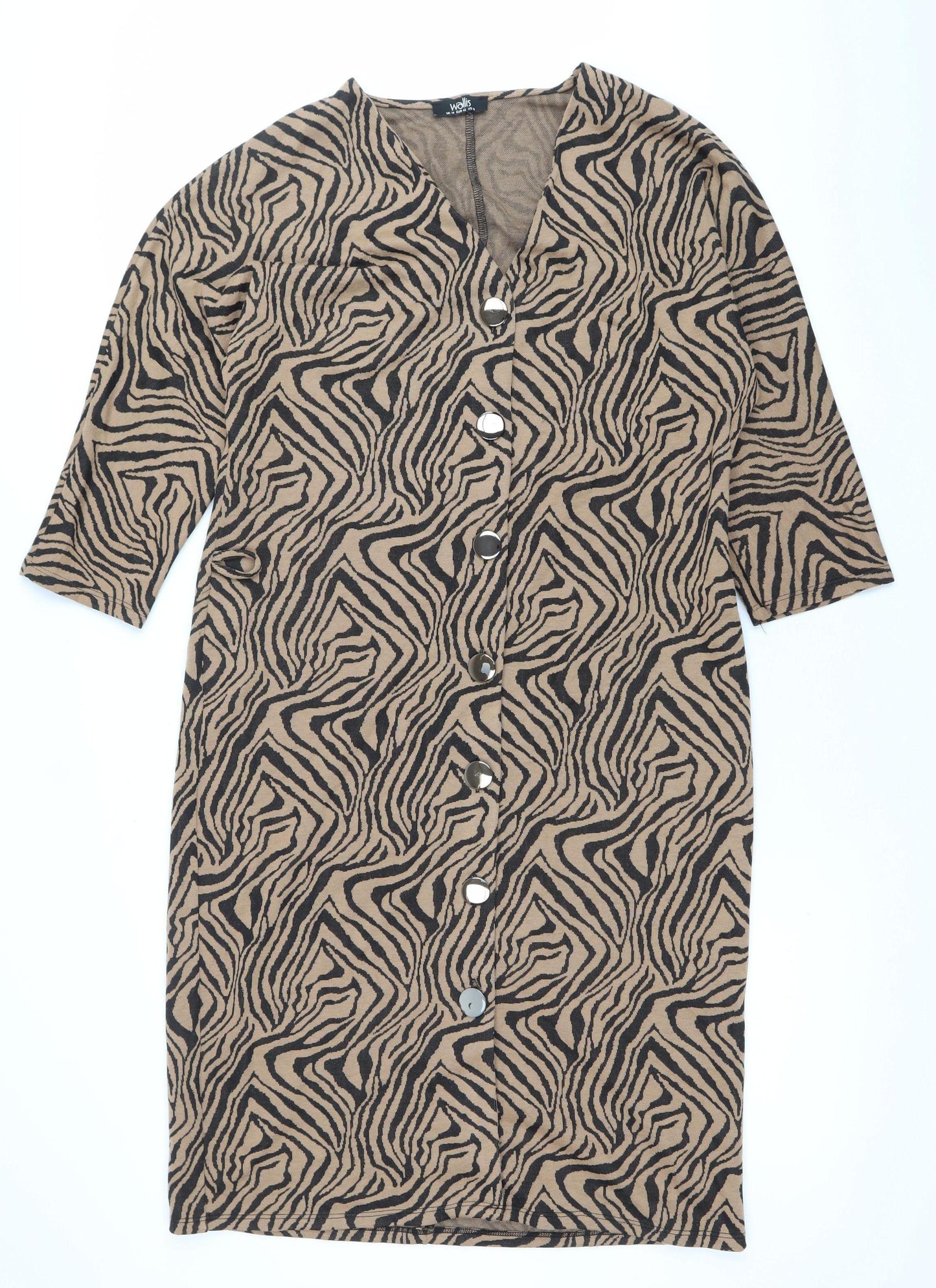 Wallis Women’s Brown Animal Print Shift Dress Size 14 V-Neck 3/4 Sleeve