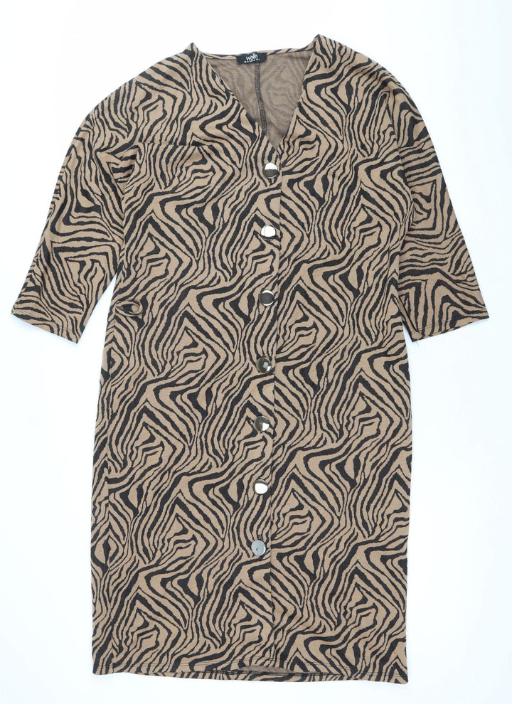 Wallis Women’s Brown Animal Print Shift Dress Size 14 V-Neck 3/4 Sleeve