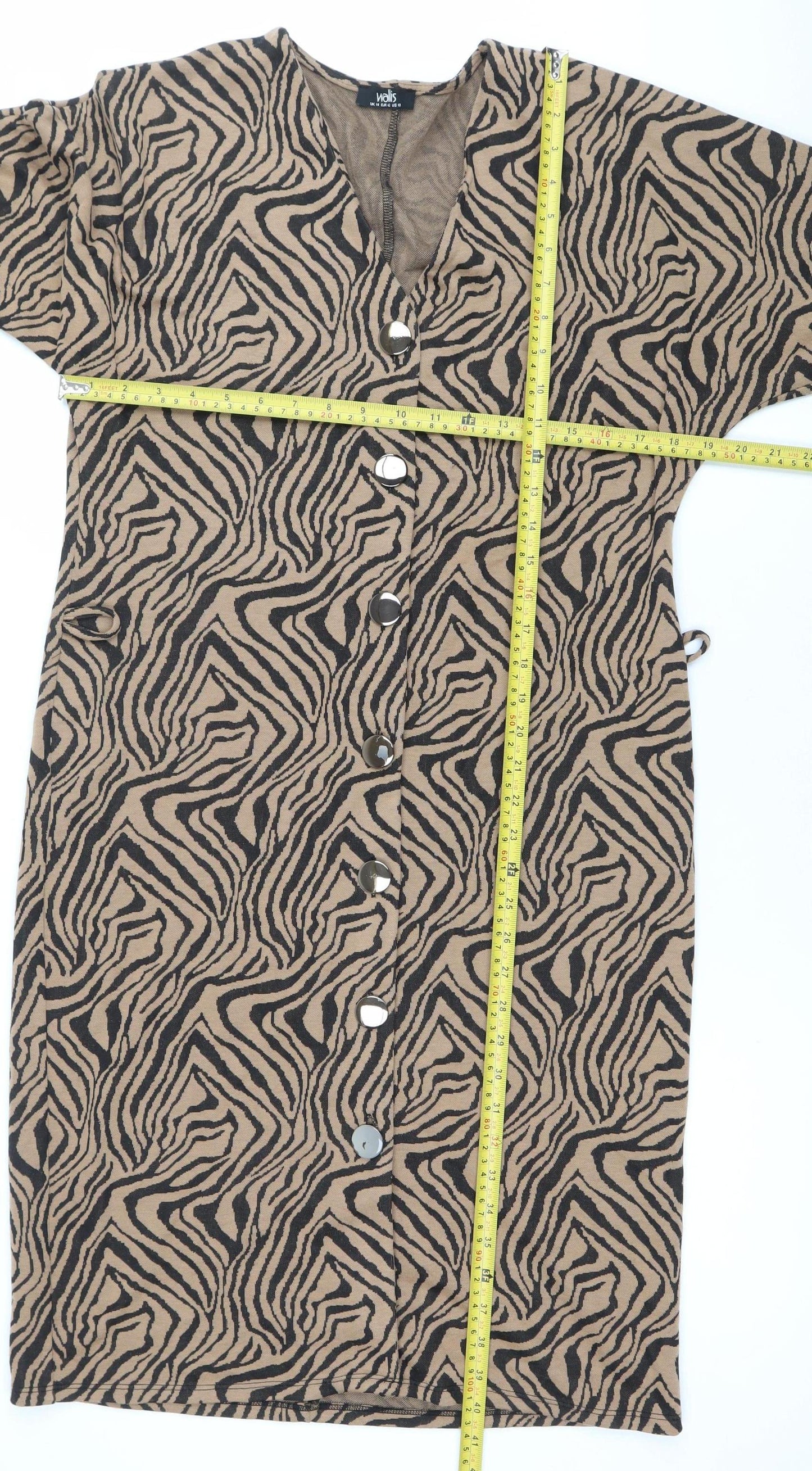 Wallis Women’s Brown Animal Print Shift Dress Size 14 V-Neck 3/4 Sleeve