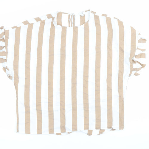 River Island Women Beige White Striped Ruffle Blouse Size S