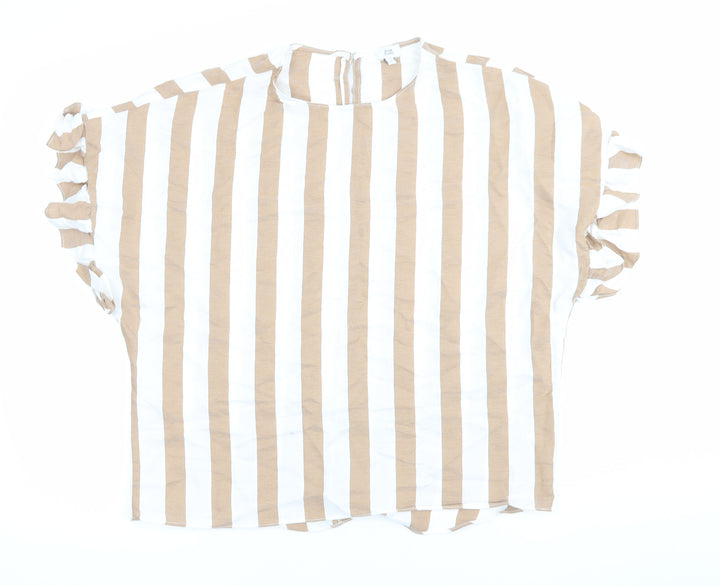 River Island Women Beige White Striped Ruffle Blouse Size S