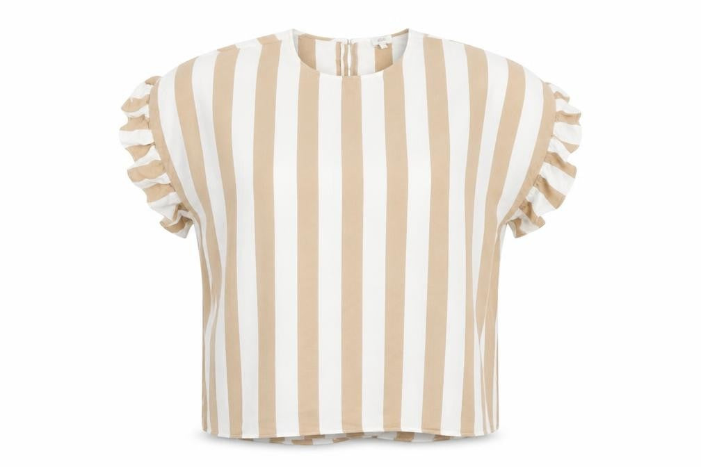Front view of River Island Women Beige White Striped Ruffle Blouse, size S