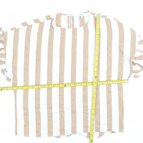 River Island Women Beige White Striped Ruffle Blouse Size S