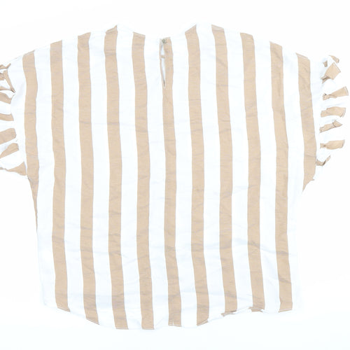 River Island Women Beige White Striped Ruffle Blouse Size S