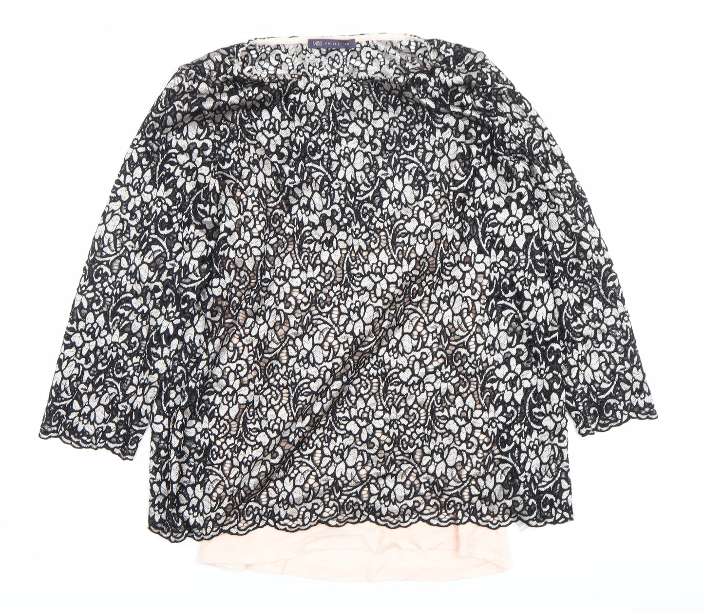 Marks and Spencer Womens Black Lace Floral Blouse UK 14 3/4 Sleeve