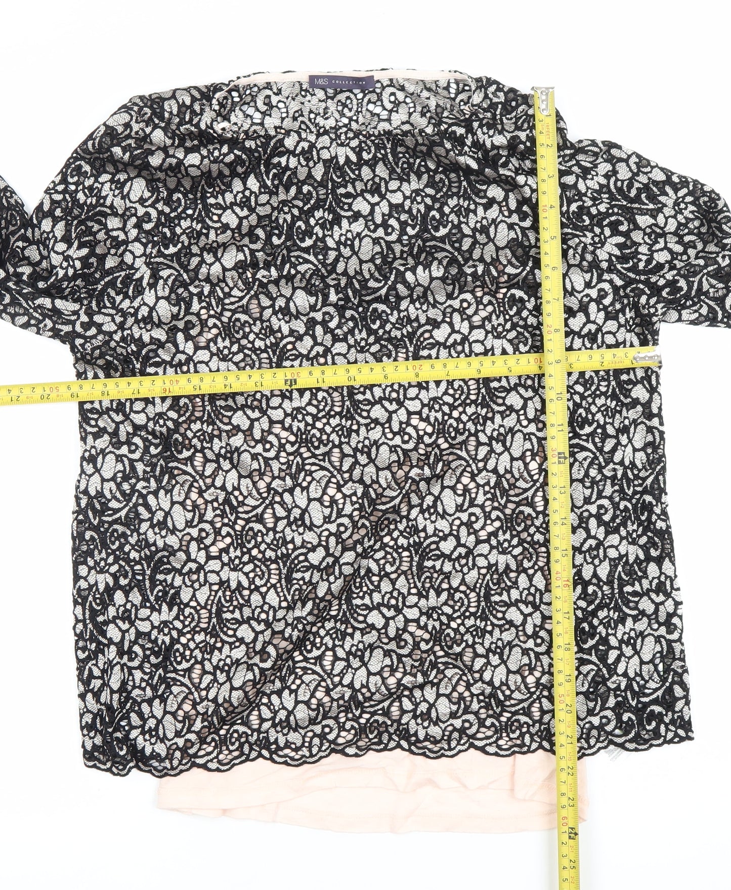 Marks and Spencer Womens Black Lace Floral Blouse UK 14 3/4 Sleeve
