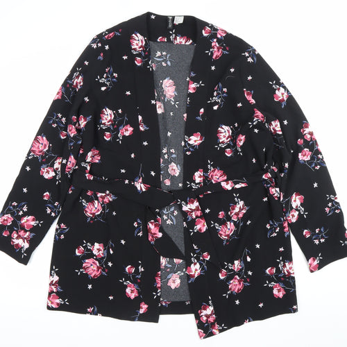 H&M Divided Womens Black Floral Kimono Blouse Size M Tie Belt Long Sleeve
