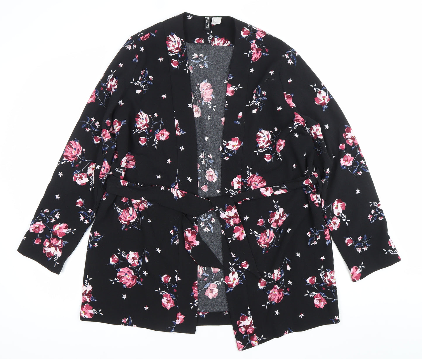 H&M Divided Womens Black Floral Kimono Blouse Size M Tie Belt Long Sleeve