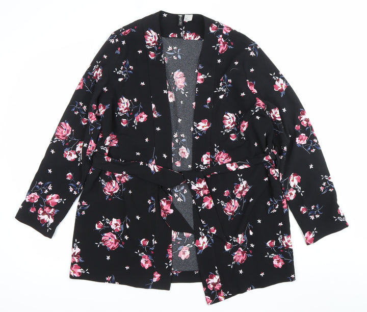 H&M Divided Womens Black Floral Kimono Blouse Size M Tie Belt Long Sleeve