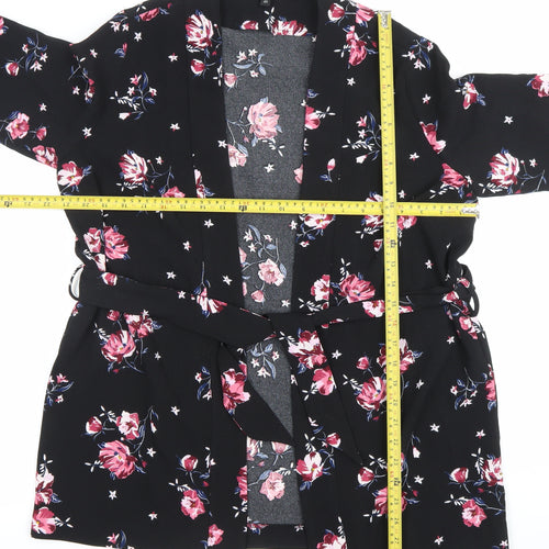 H&M Divided Womens Black Floral Kimono Blouse Size M Tie Belt Long Sleeve