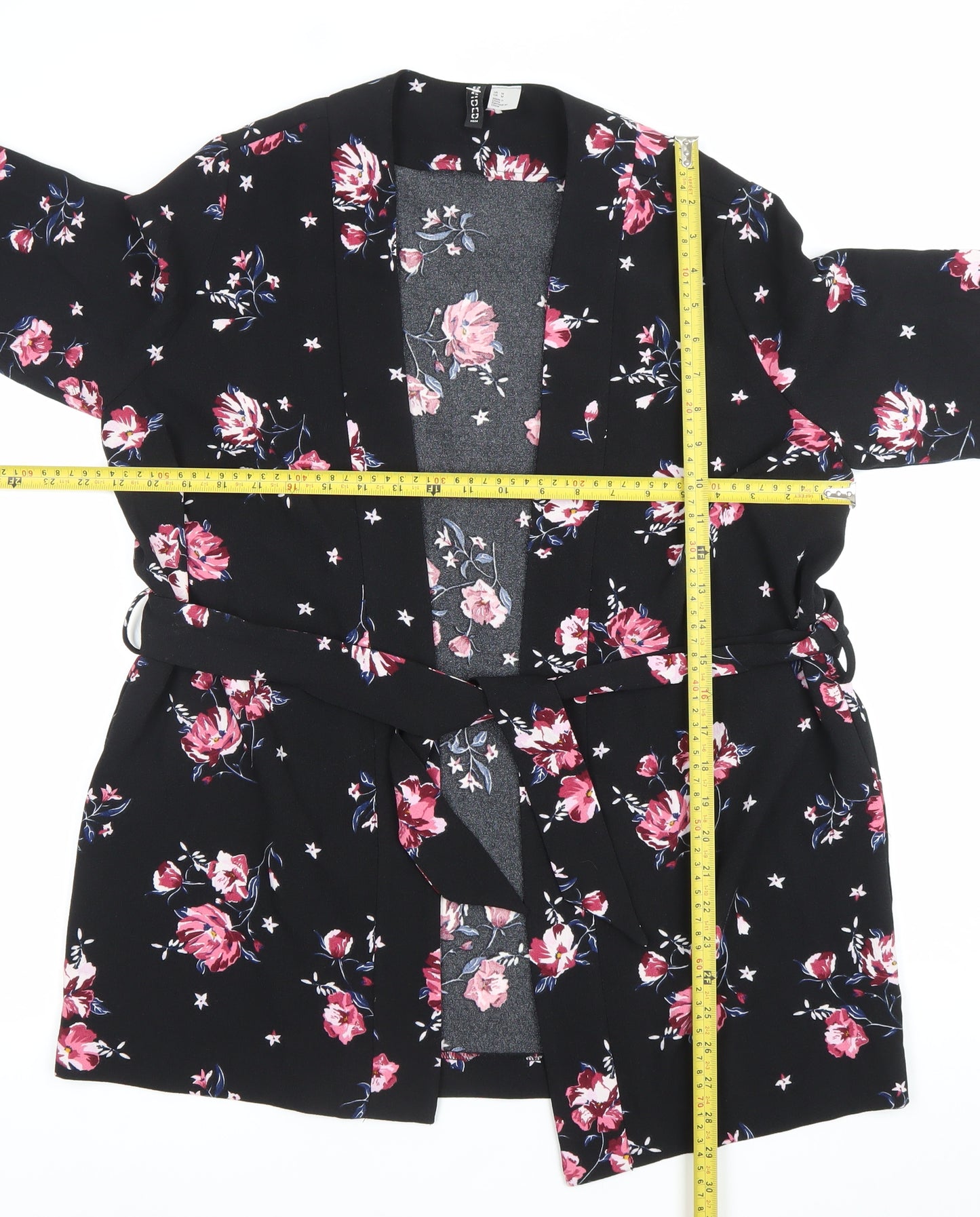 H&M Divided Womens Black Floral Kimono Blouse Size M Tie Belt Long Sleeve