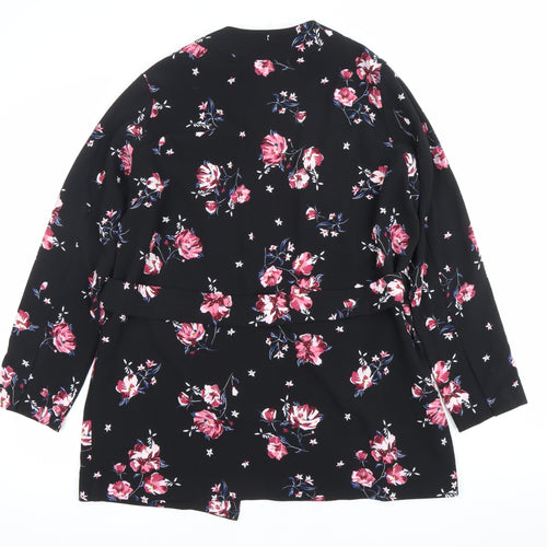 H&M Divided Womens Black Floral Kimono Blouse Size M Tie Belt Long Sleeve