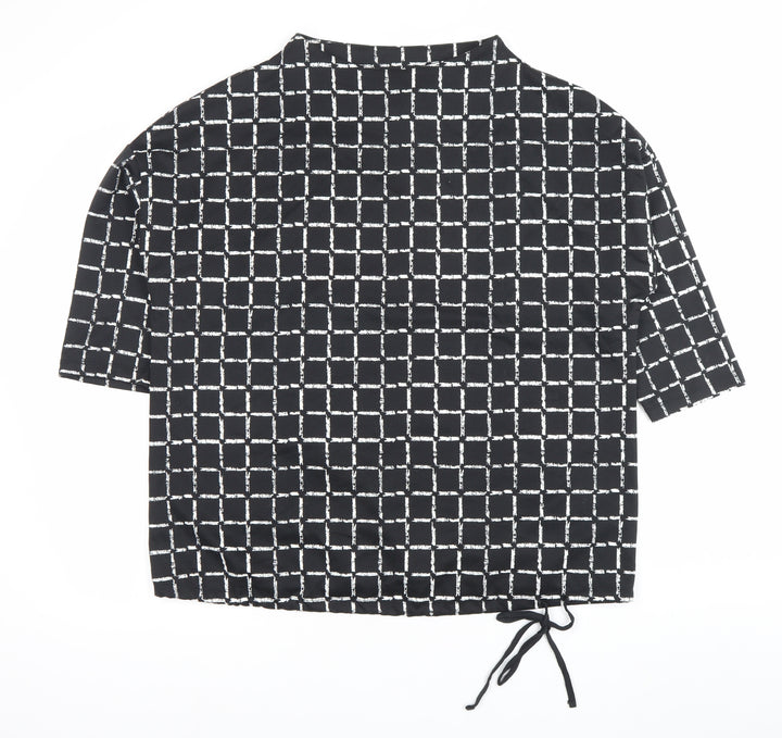 Canda Women Black Check Tunic Blouse L Boat Neck Short Sleeve