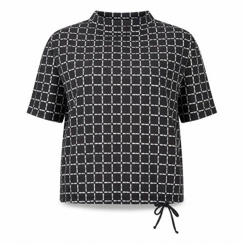 Canda Women Black Check Tunic Blouse L Boat Neck Short Sleeve