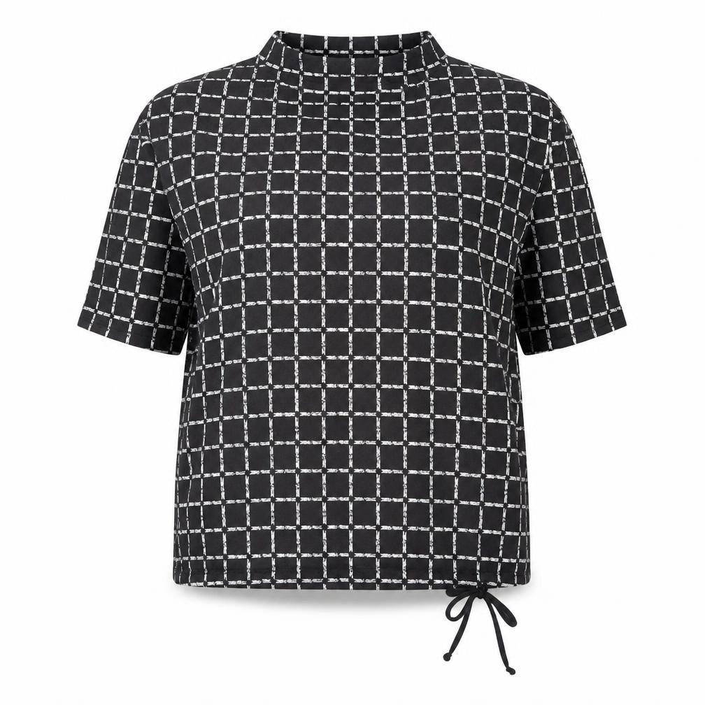 Canda Women Black Check Tunic Blouse L Boat Neck Short Sleeve