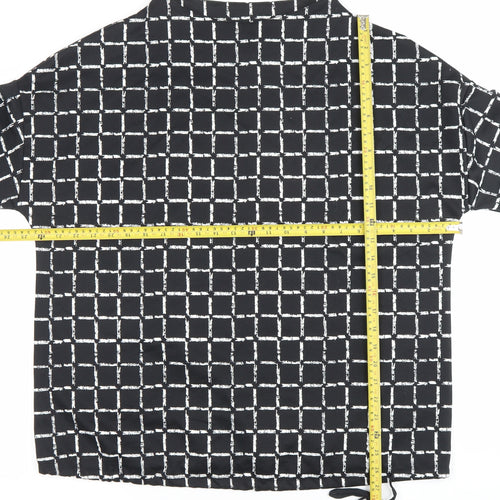Canda Women Black Check Tunic Blouse L Boat Neck Short Sleeve
