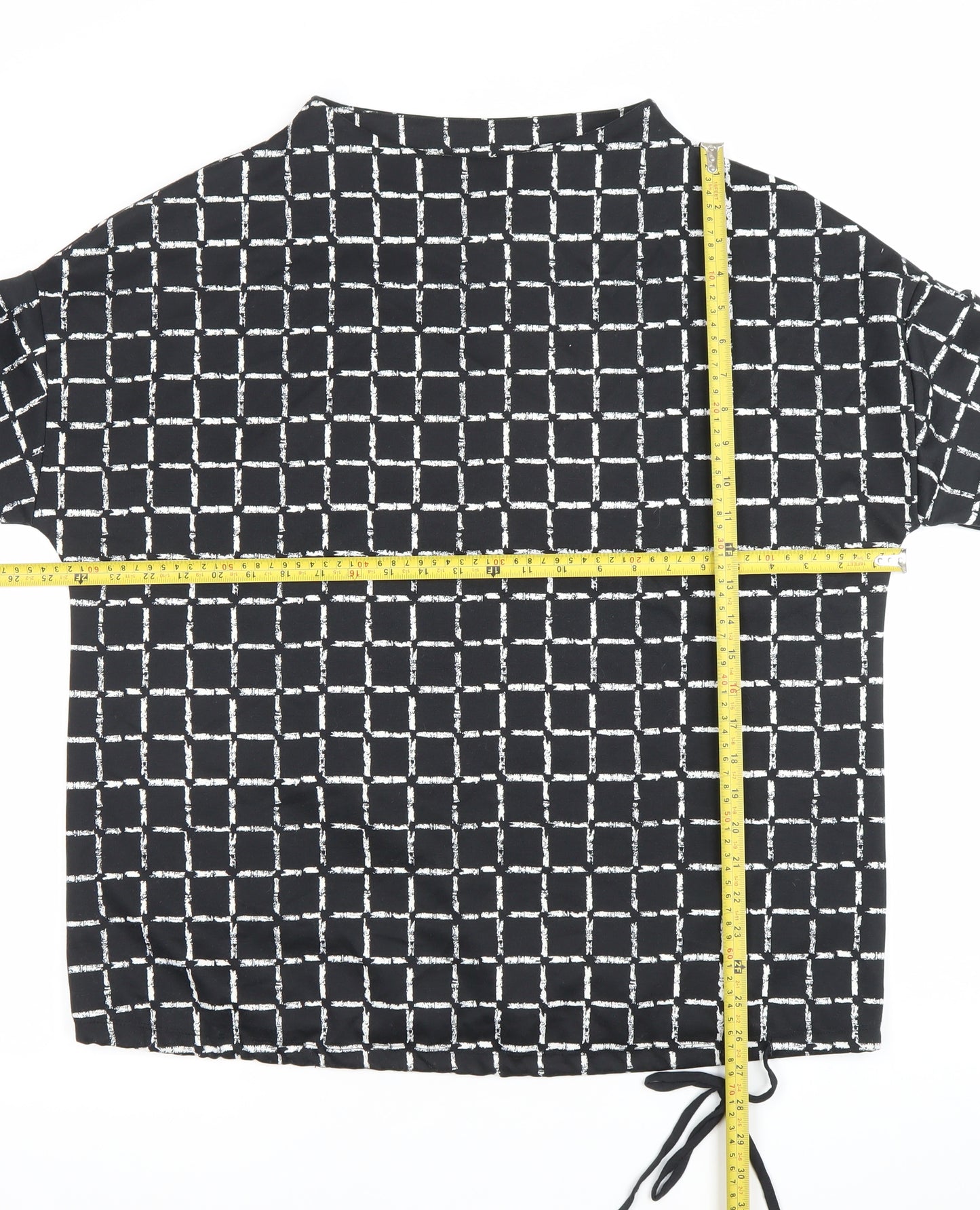 Canda Women Black Check Tunic Blouse L Boat Neck Short Sleeve