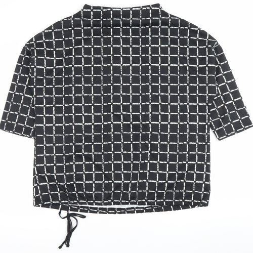 Canda Women Black Check Tunic Blouse L Boat Neck Short Sleeve