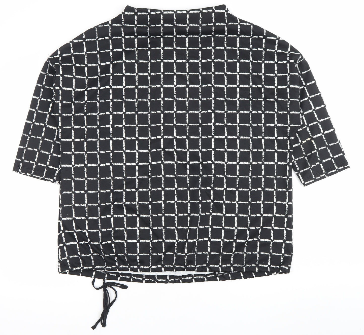 Canda Women Black Check Tunic Blouse L Boat Neck Short Sleeve