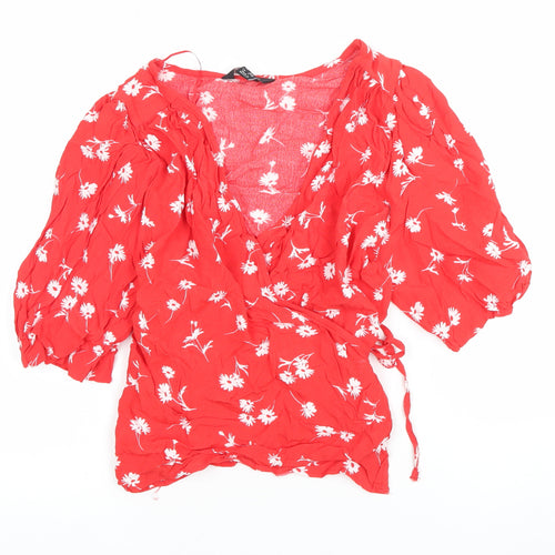 New Look Women Red Floral Wrap Blouse Size 10 Puff Sleeve